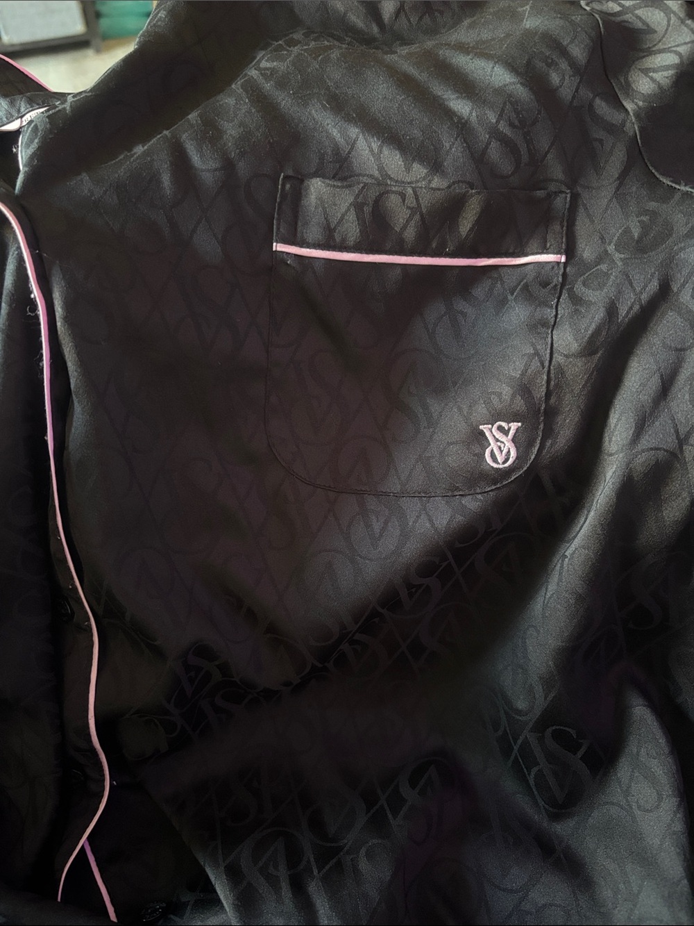 Victoria's Secret Black Satin Luxurious Pajamas with baby pink trim